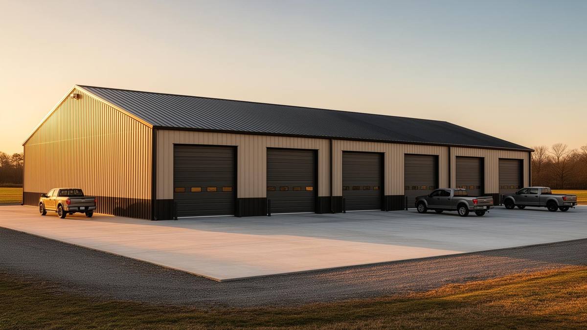 Large tan and black commercial metal building with multiple garage doors at sunset